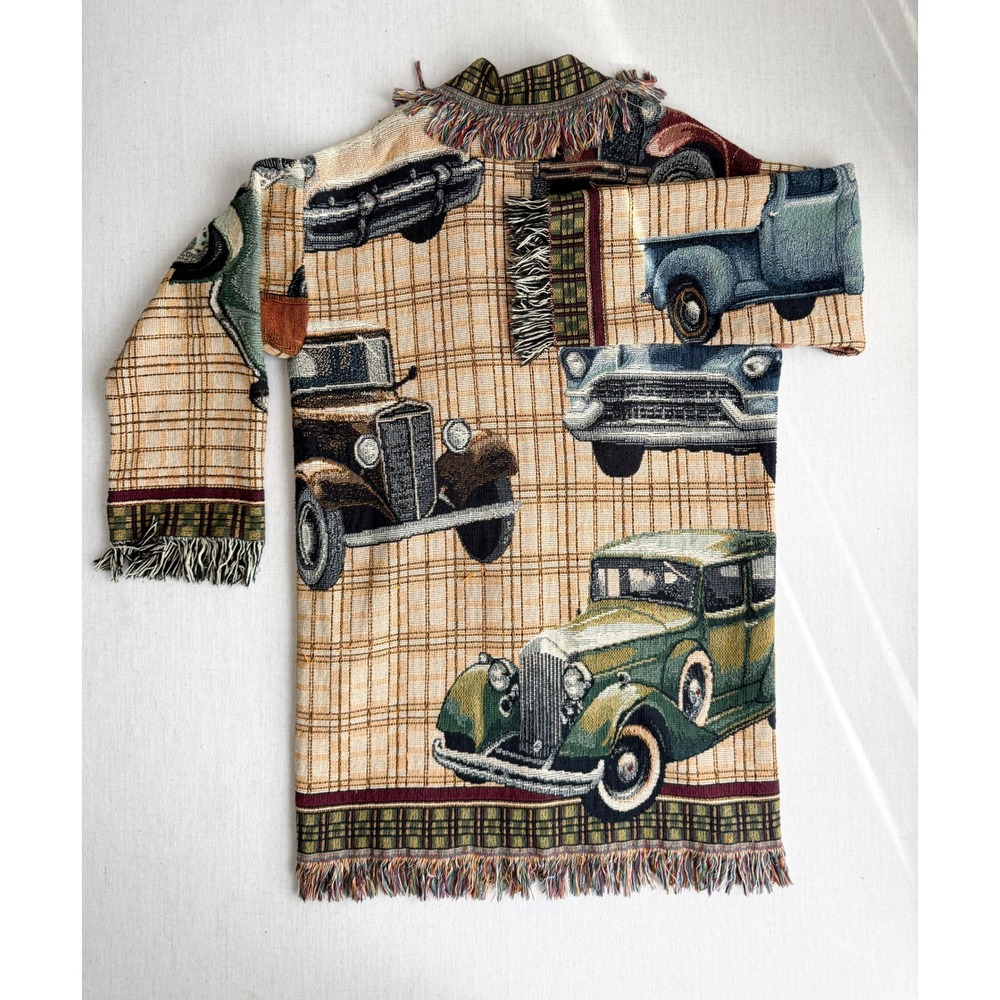 vtg antique car pattern woven tapestry blanket jacket coat‎
